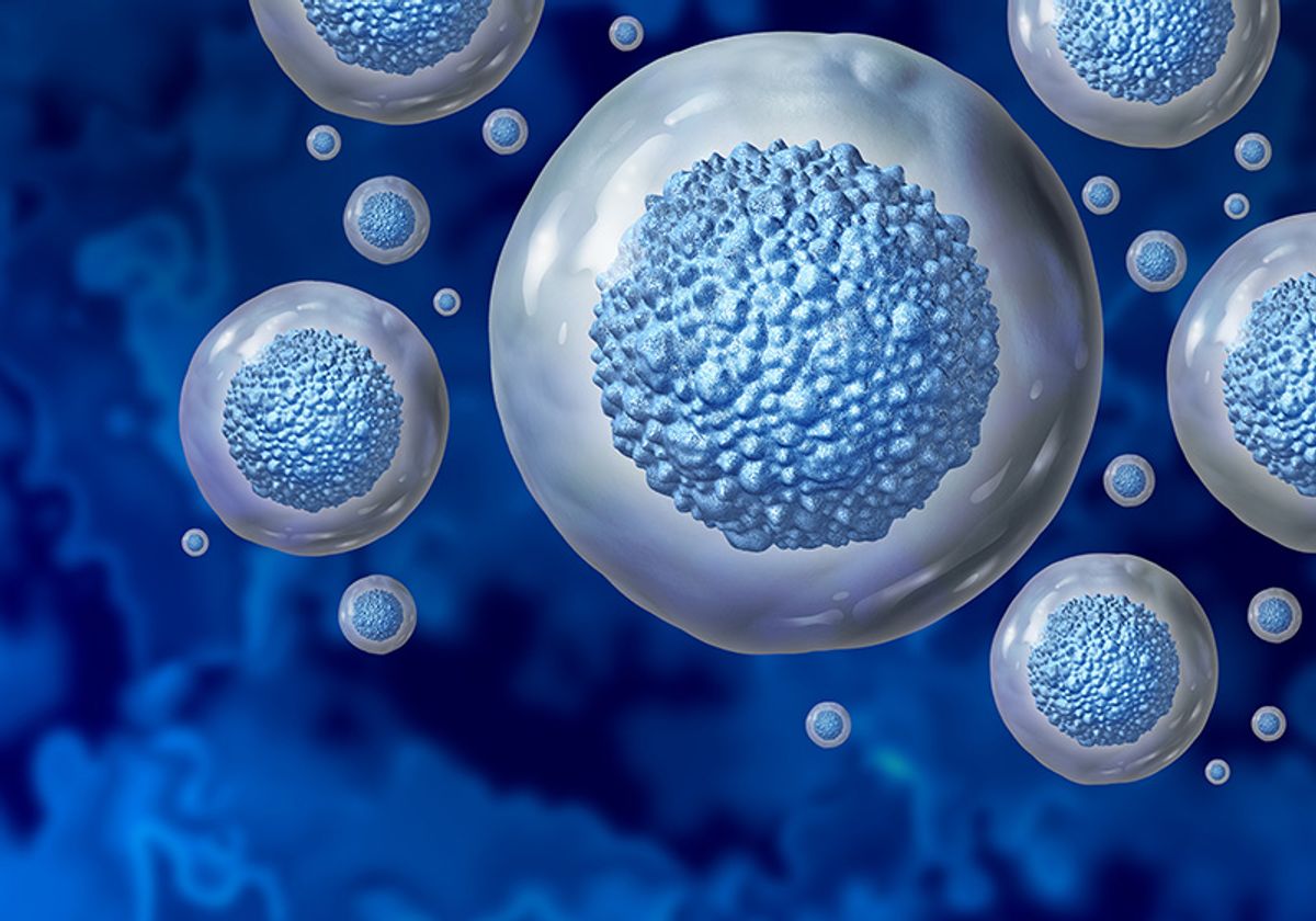 Illustration of stem cells approaching a blue-colored tumor.