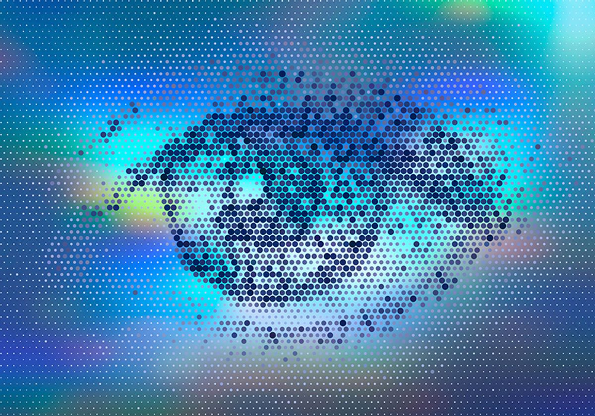 Conceptual dot-based image of an eye on a predominantly blue background.