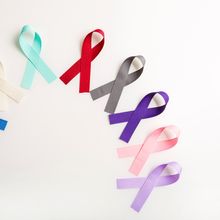 Semi-circle of colorful cancer awareness ribbons