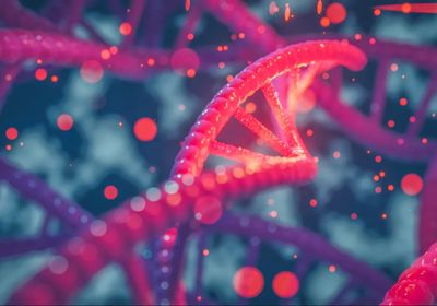Glowing red DNA on bluish background