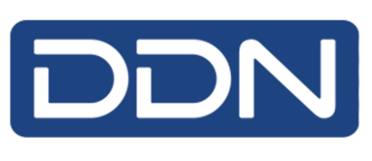 White DDN letters on blue background