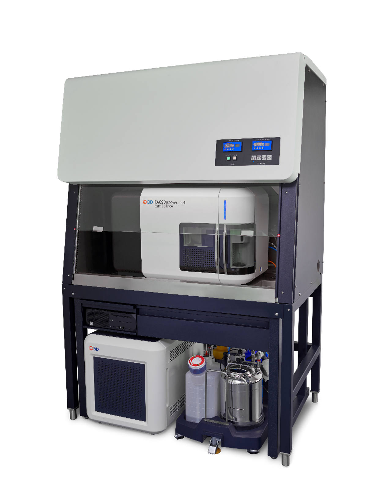 The BD FACSDiscover™ S8 Cell Sorter sitting inside a biosafety cabinet.